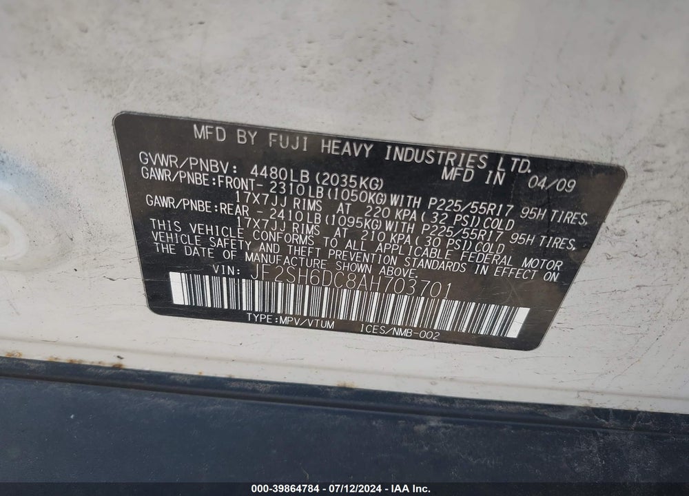 2010 SUBARU FORESTER 2.5X LIMITED VIN: JF2SH6DC8AH703701