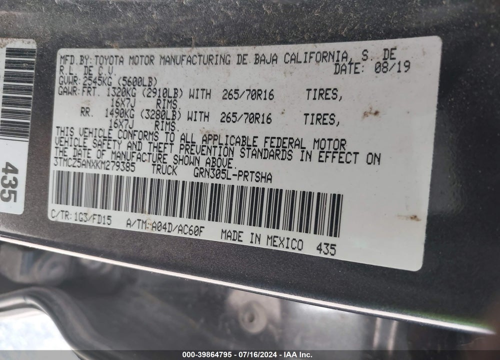 2019 TOYOTA TACOMA TRD OFF ROAD VIN: 3TMCZ5ANXKM279385