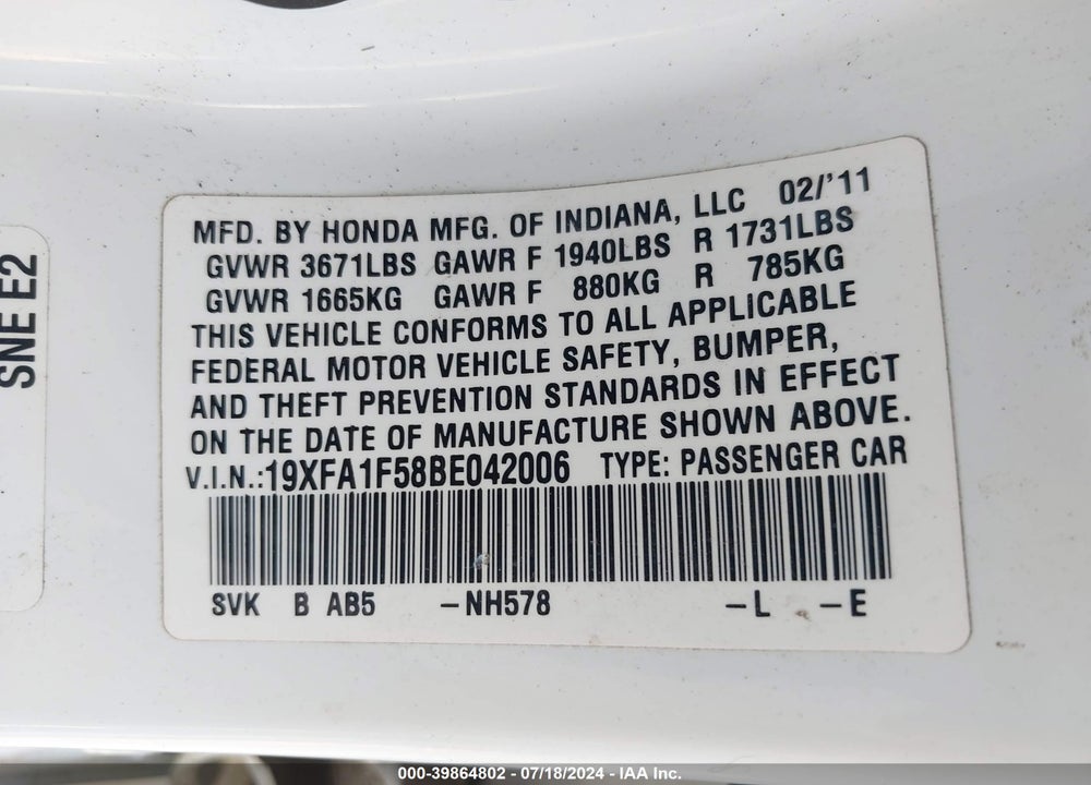2011 HONDA CIVIC LX VIN: 19XFA1F58BE042006