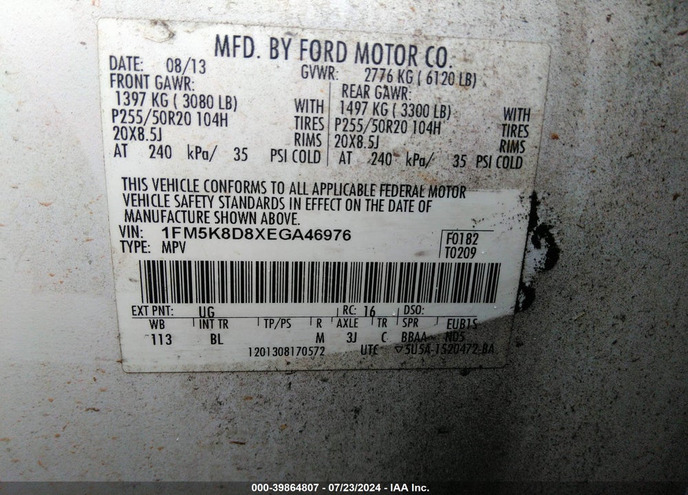 2014 FORD EXPLORER XLT VIN: 1FM5K8D8XEGA46976