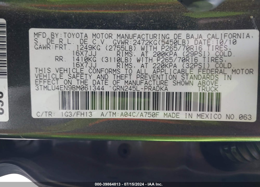 2011 TOYOTA TACOMA BASE V6 VIN: 3TMLU4EN9BM061344
