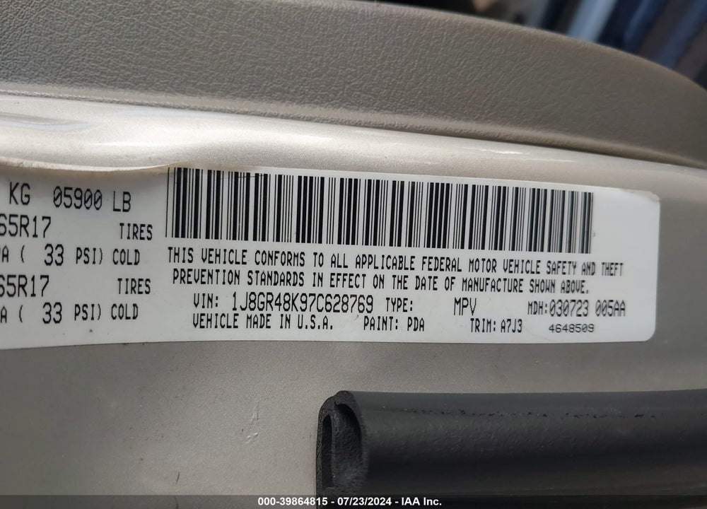 2007 JEEP GRAND CHEROKEE LAREDO VIN: 1J8GR48K97C628769
