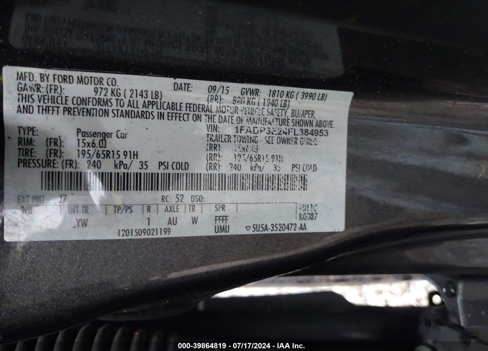 2015 FORD FOCUS S VIN: 1FADP3E24FL384953