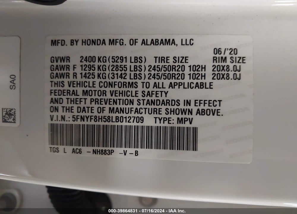 2020 HONDA PASSPORT AWD EX-L VIN: 5FNYF8H58LB012709