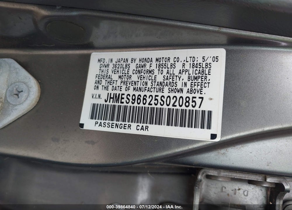 2005 HONDA CIVIC HYBRID VIN: JHMES96625S020857