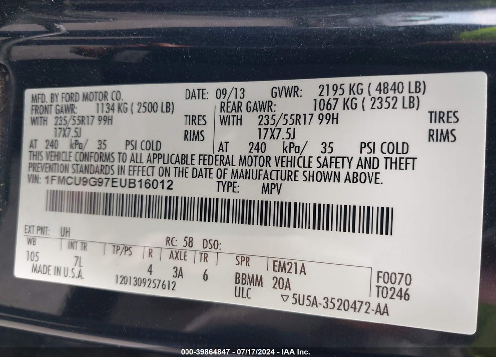 2014 FORD ESCAPE SE VIN: 1FMCU9G97EUB16012