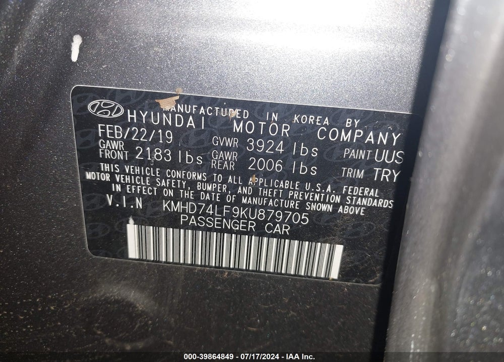 2019 HYUNDAI ELANTRA SE VIN: KMHD74LF9KU879705