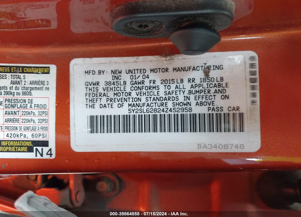 2004 PONTIAC VIBE VIN: 5Y2SL62824Z452958