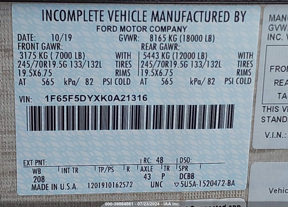 2020 FORD F53 VIN: 1F65F5DYXK0A21316