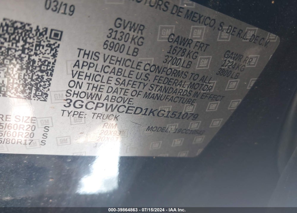 2019 CHEVROLET SILVERADO 1500 LT VIN: 3GCPWCED1KG151079
