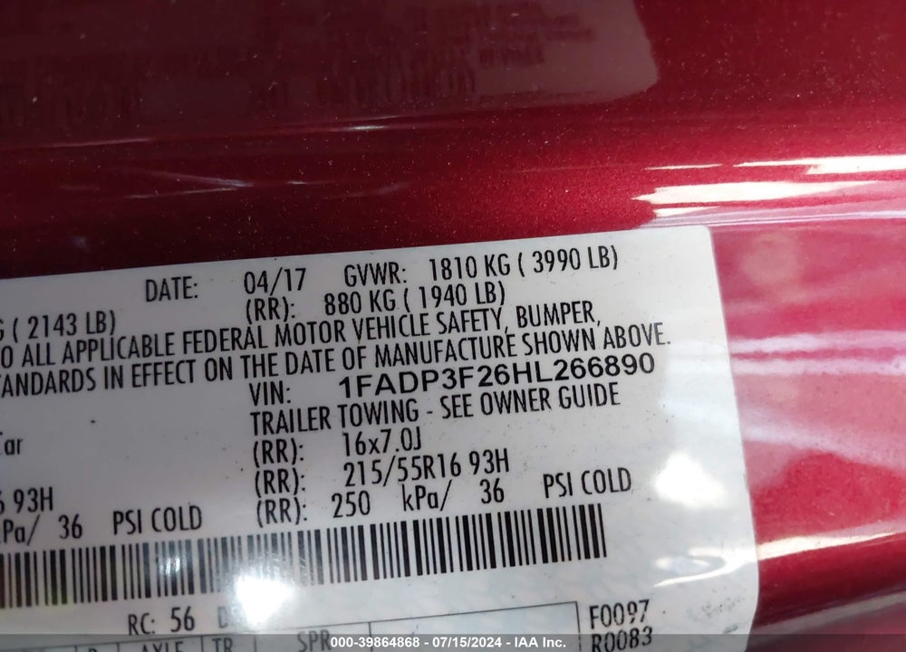 2017 FORD FOCUS SE VIN: 1FADP3F26HL266890