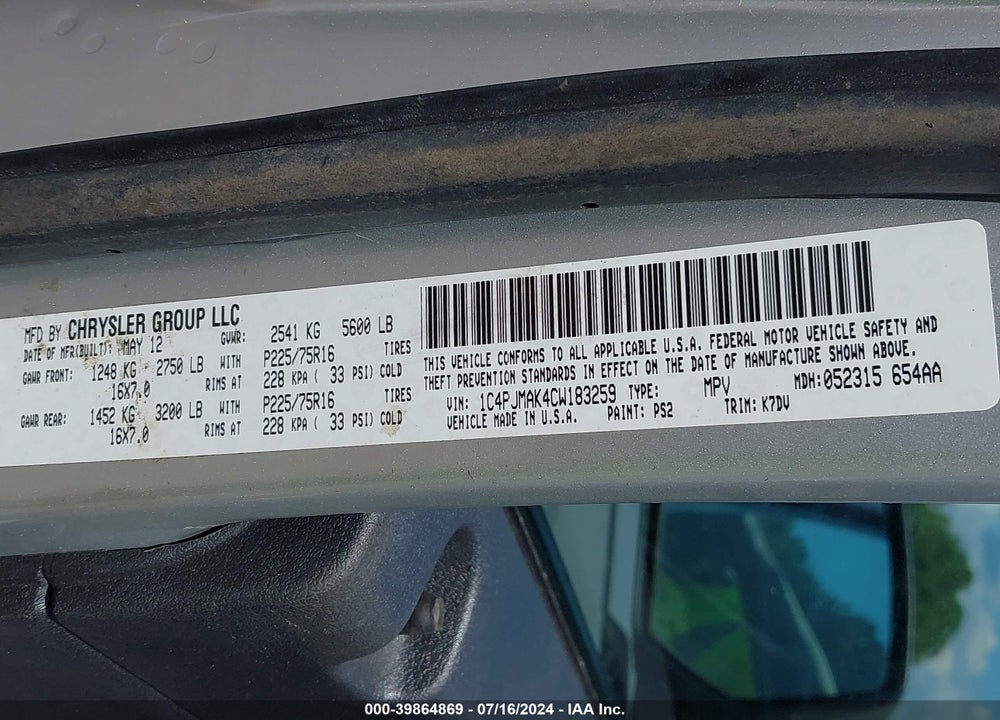 2012 JEEP LIBERTY SPORT VIN: 1C4PJMAK4CW183259
