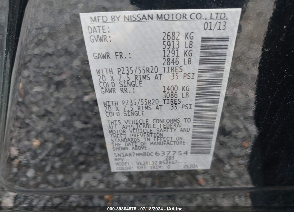 2013 NISSAN PATHFINDER PLATINUM VIN: 5N1AR2MM8DC637754