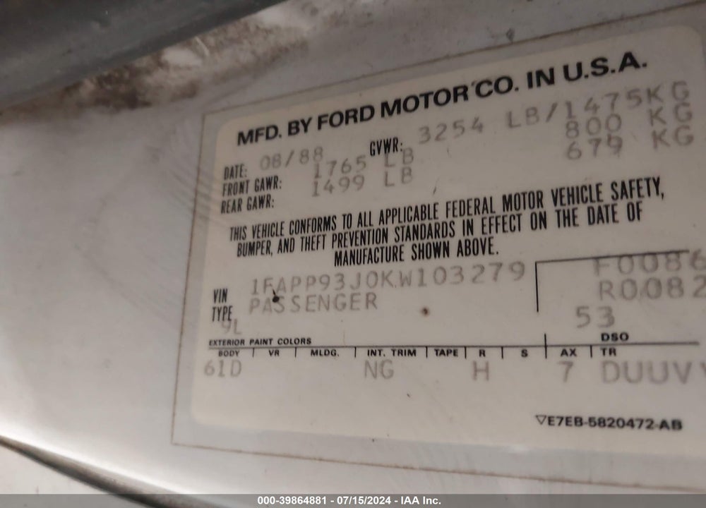1989 FORD ESCORT GT VIN: 1FAPP93J0KW103279
