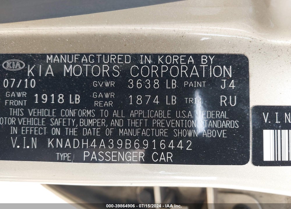 2011 KIA RIO LX VIN: KNADH4A39B6916442