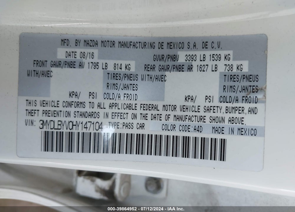 2017 TOYOTA YARIS IA VIN: 3MYDLBYV0HY147104