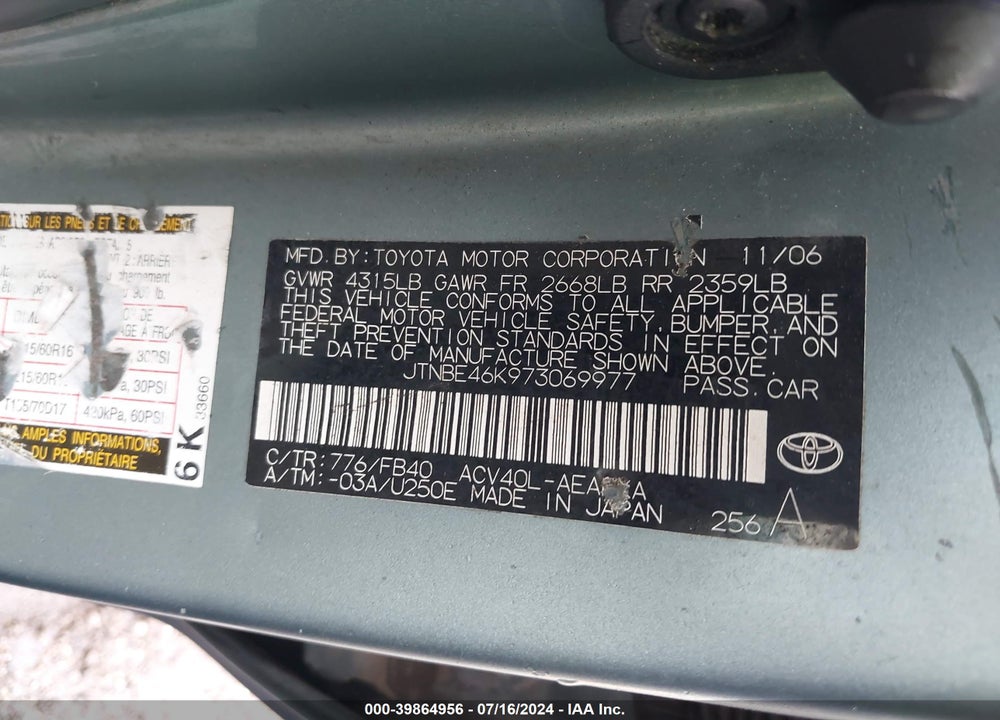 2007 TOYOTA CAMRY LE VIN: JTNBE46K973069977