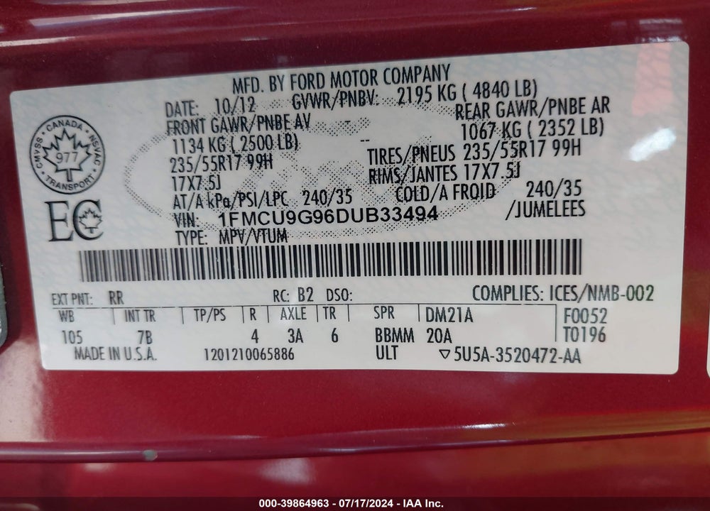 2013 FORD ESCAPE SE VIN: 1FMCU9G96DUB33494