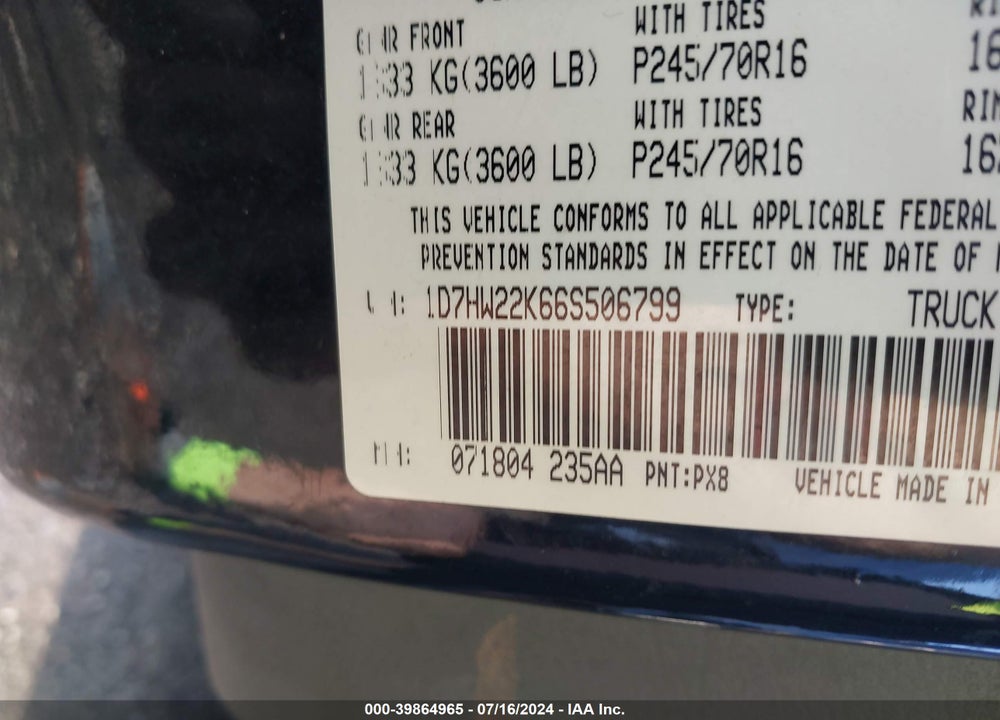 2006 DODGE DAKOTA ST VIN: 1D7HW22K66S506799