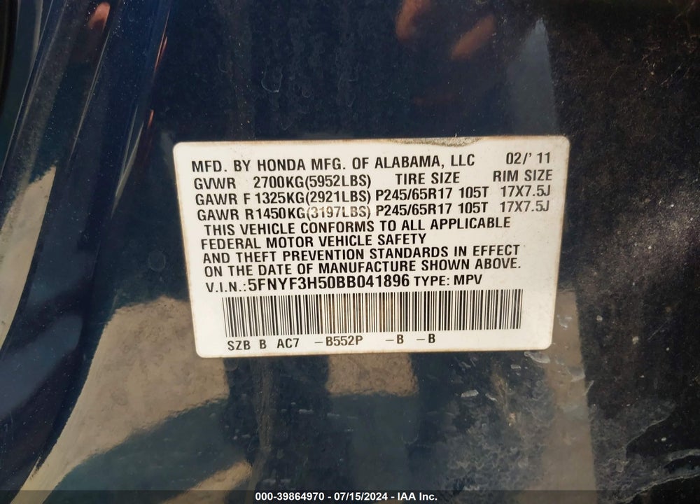 2011 HONDA PILOT EX-L VIN: 5FNYF3H50BB041896