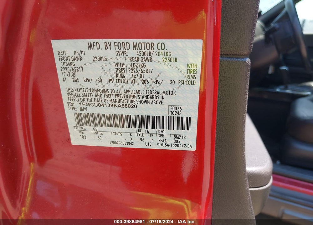 2008 FORD ESCAPE LIMITED VIN: 1FMCU04138KA68020