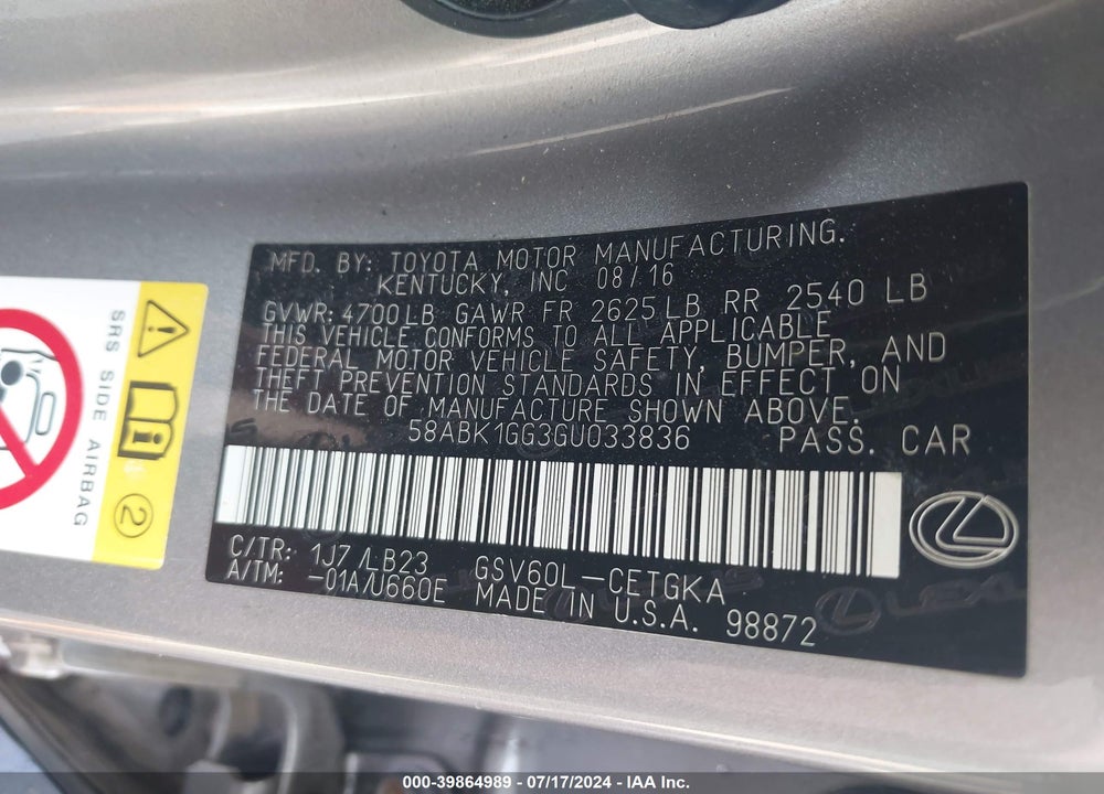 2016 LEXUS ES 350 VIN: 58ABK1GG3GU033836