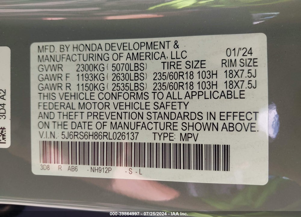2024 HONDA CR-V HYBRID SPORT-L VIN: 5J6RS6H86RL026137
