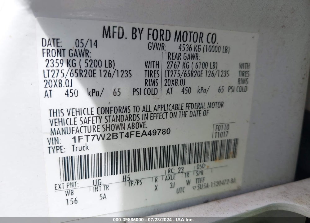 2015 FORD F-250 LARIAT VIN: 1FT7W2BT4FEA49780