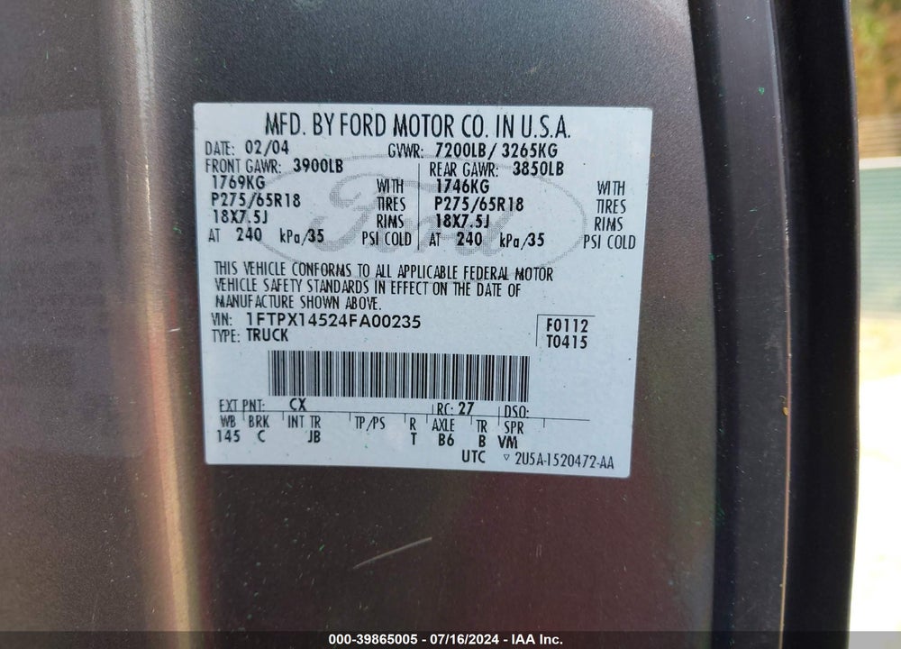 2004 FORD F-150 FX4/LARIAT/XL/XLT VIN: 1FTPX14524FA00235