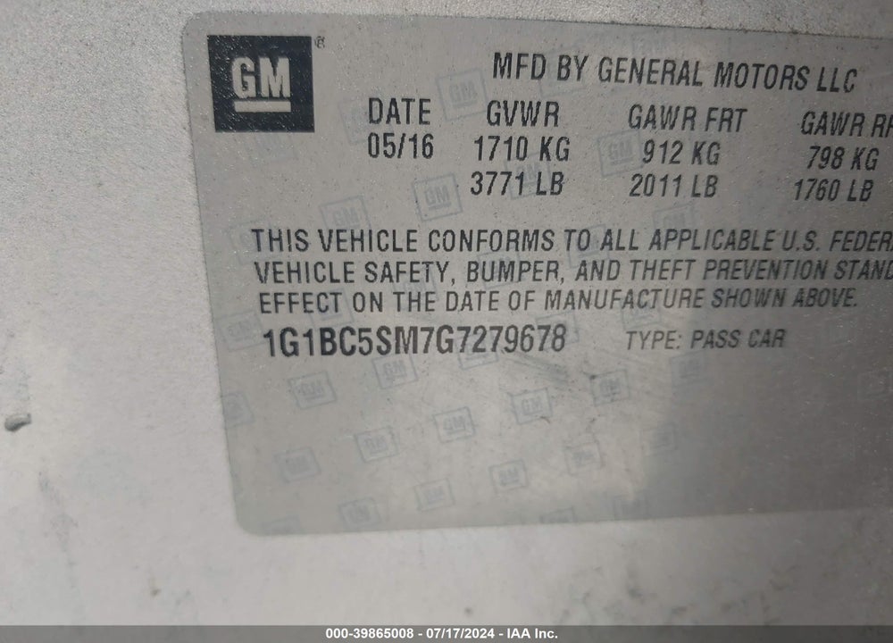 2016 CHEVROLET CRUZE LS AUTO VIN: 1G1BC5SM7G7279678