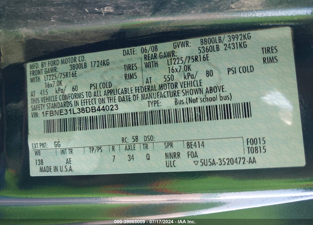 2008 FORD E-350 SUPER DUTY XL/XLT VIN: 1FBNE31L38DB44023
