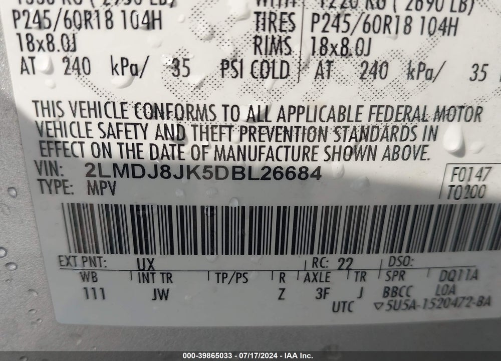 2013 LINCOLN MKX VIN: 2LMDJ8JK5DBL26684
