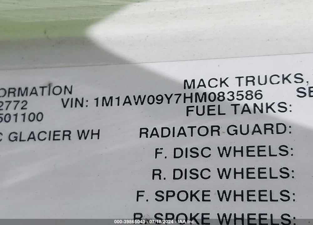 2017 MACK PINNACLE VIN: 1M1AW09Y7HM083586
