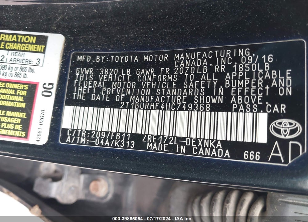 2017 TOYOTA COROLLA LE VIN: 2T1BURHE4HC749368
