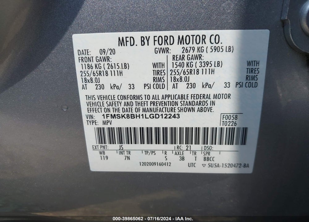 2020 FORD EXPLORER VIN: 1FMSK8BH1LGD12243