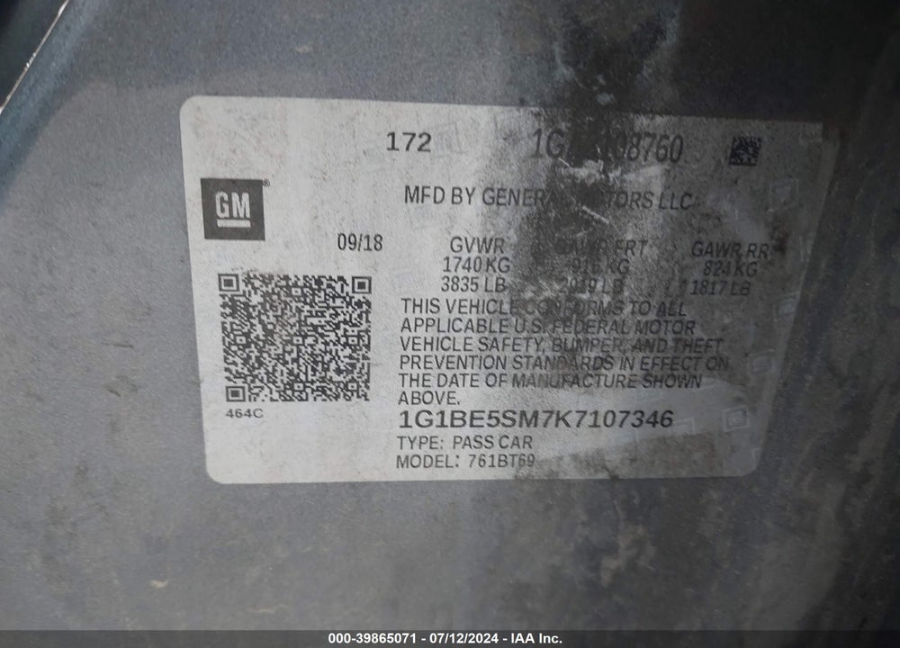 2019 CHEVROLET CRUZE LT VIN: 1G1BE5SM7K7107346