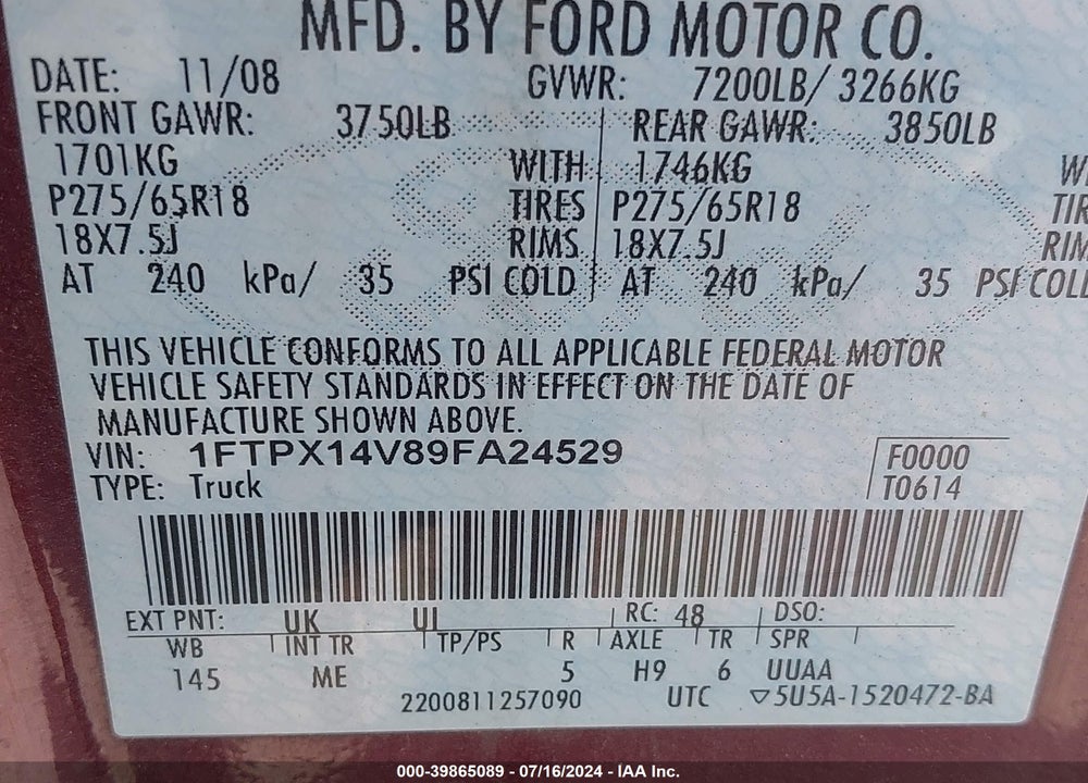 2009 FORD F-150 FX4/LARIAT/XL/XLT VIN: 1FTPX14V89FA24529