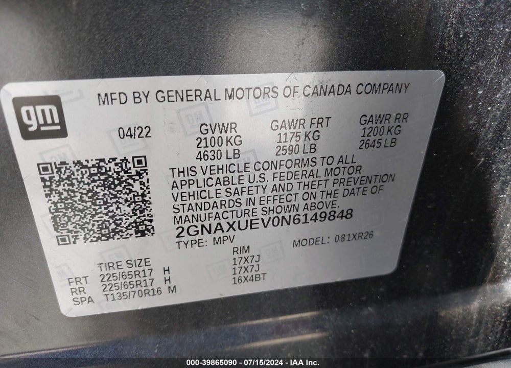 2022 CHEVROLET EQUINOX AWD LT VIN: 2GNAXUEV0N6149848
