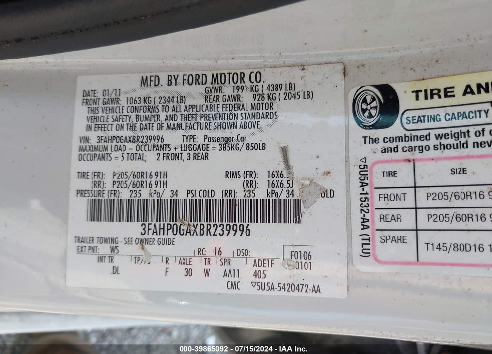 2011 FORD FUSION S VIN: 3FAHP0GAXBR239996