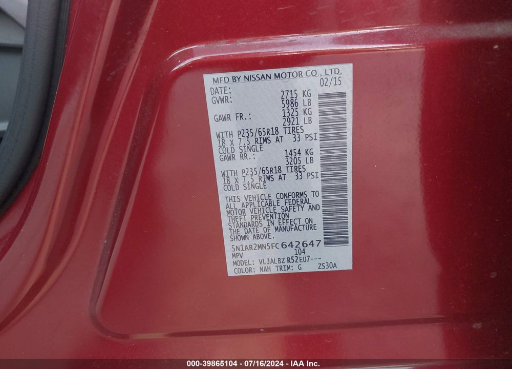 2015 NISSAN PATHFINDER S VIN: 5N1AR2MN5FC642647