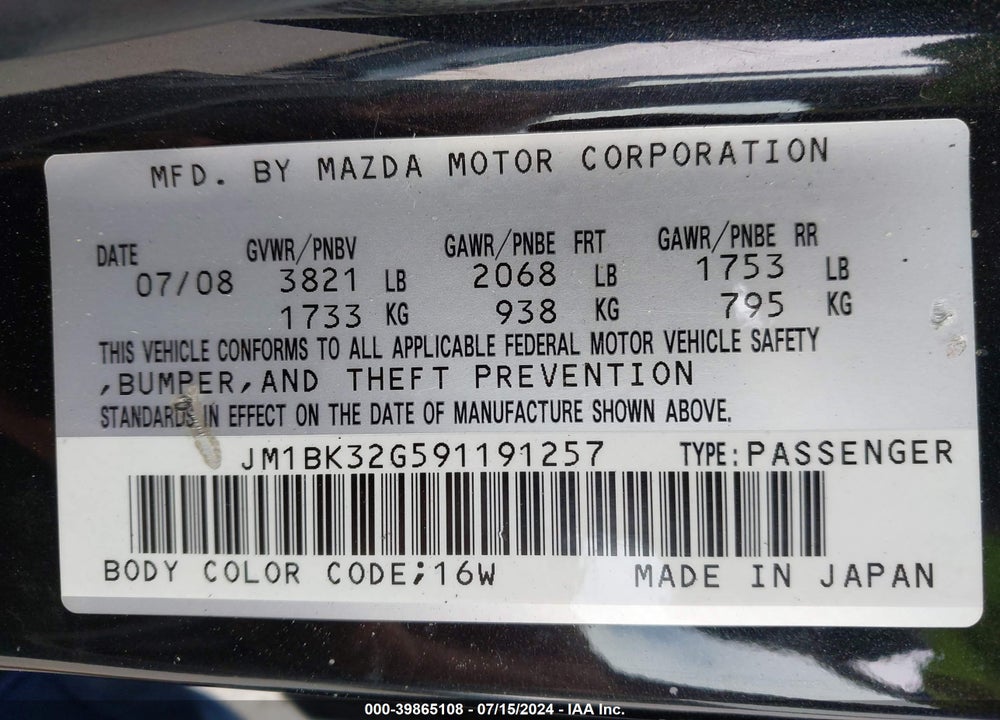 2009 MAZDA 3 I VIN: JM1BK32G591191257