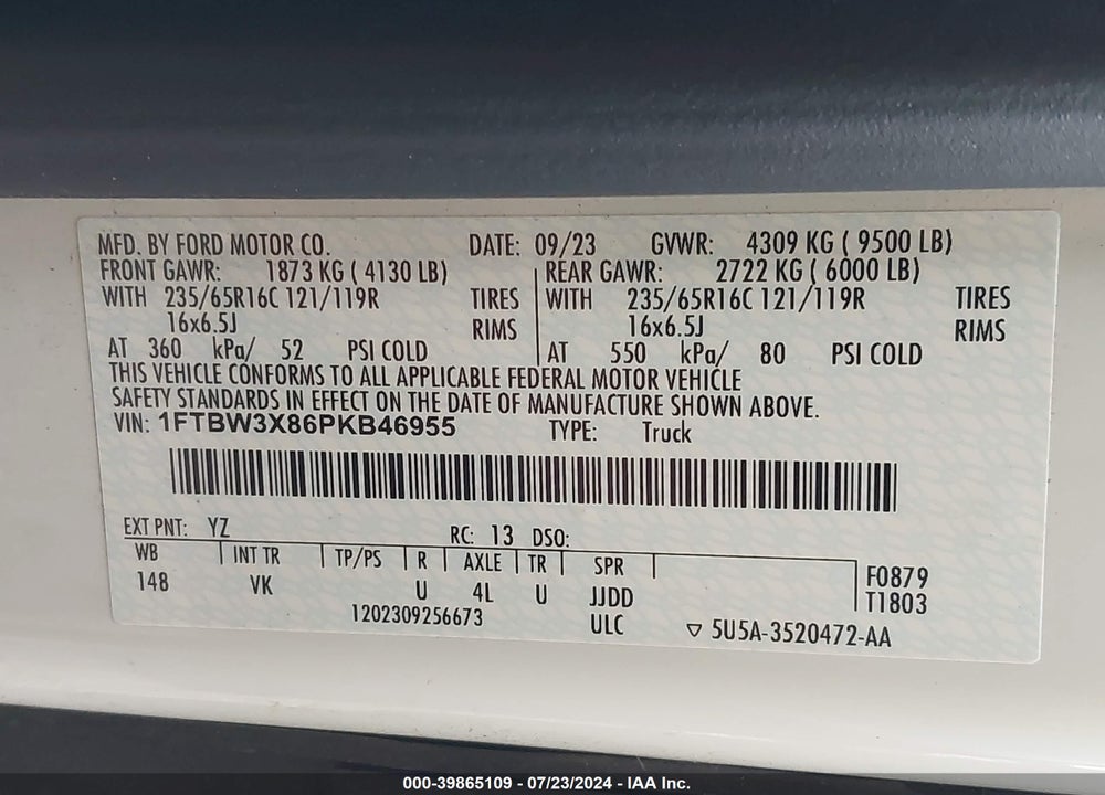 2023 FORD TRANSIT-350 CARGO VAN VIN: 1FTBW3X86PKB46955