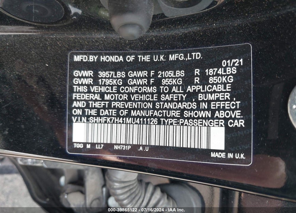 2021 HONDA CIVIC SPORT VIN: SHHFK7H41MU411126