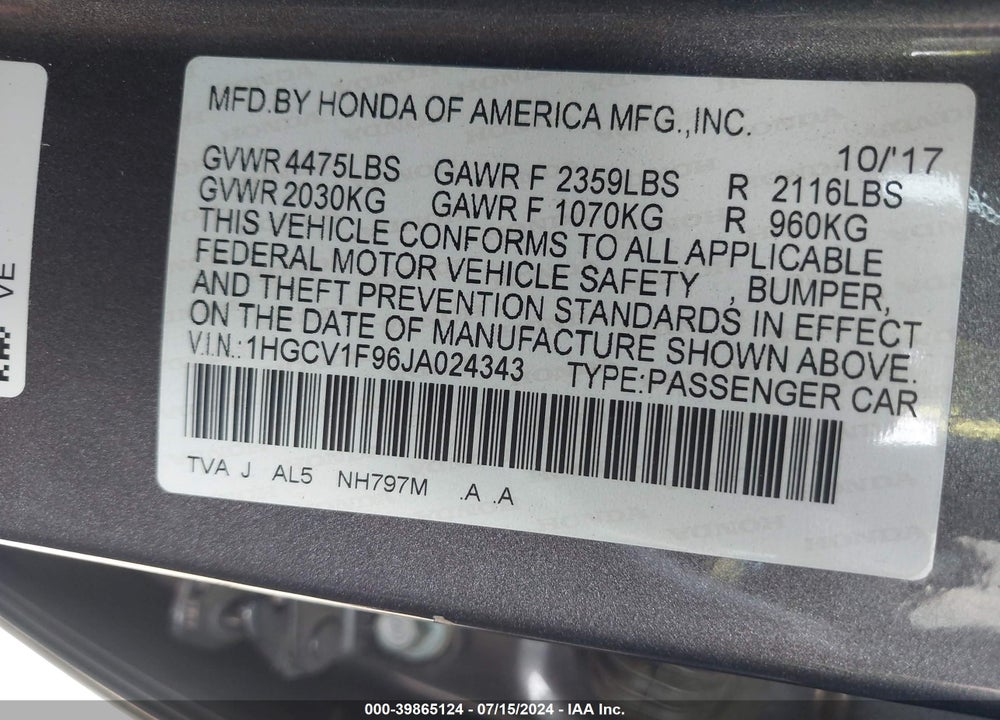 2018 HONDA ACCORD TOURING VIN: 1HGCV1F96JA024343