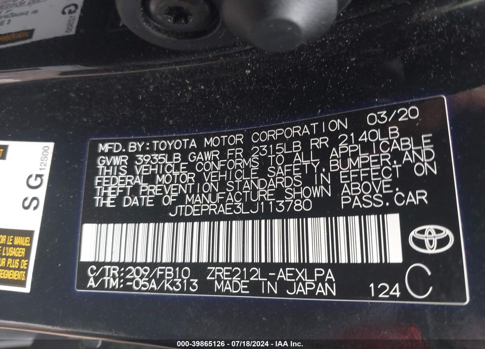 2020 TOYOTA COROLLA LE VIN: JTDEPRAE3LJ113780