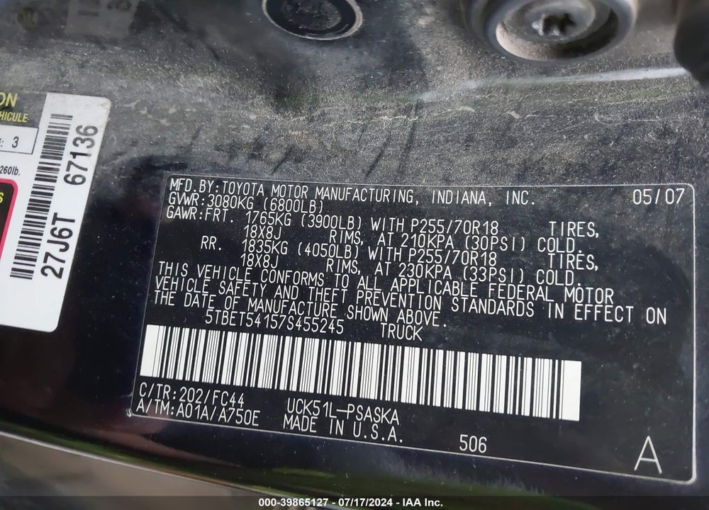2007 TOYOTA TUNDRA SR5 4.7L V8 VIN: 5TBET54157S455245