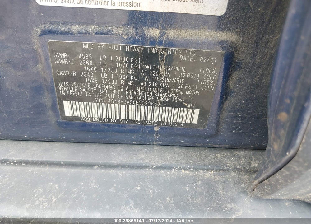 2011 SUBARU OUTBACK 2.5I VIN: 4S4BRBAC0B3399668