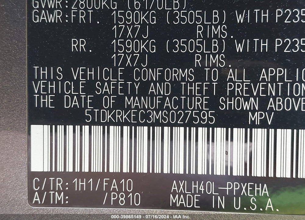 2021 TOYOTA SIENNA LE VIN: 5TDKRKEC3MS027595