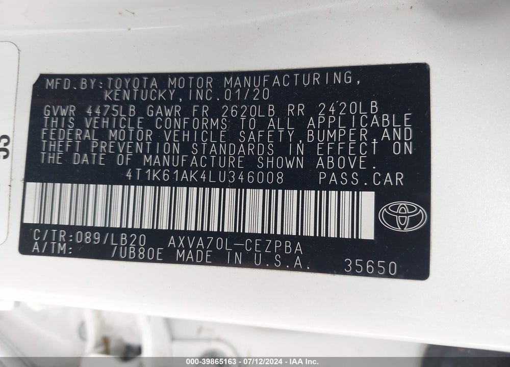 2020 TOYOTA CAMRY XSE VIN: 4T1K61AK4LU346008