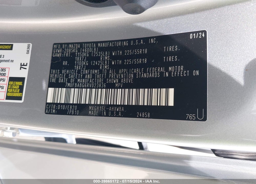 2024 TOYOTA COROLLA CROSS HYBRID XSE VIN: 7MUFBABG6RV023836